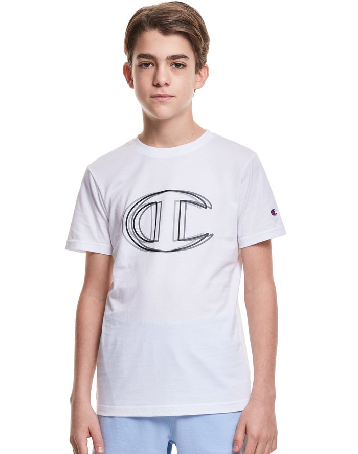 Champion Boys T-Shirt NZ - Vibrating C Logo White ( 9280-GPTZD )